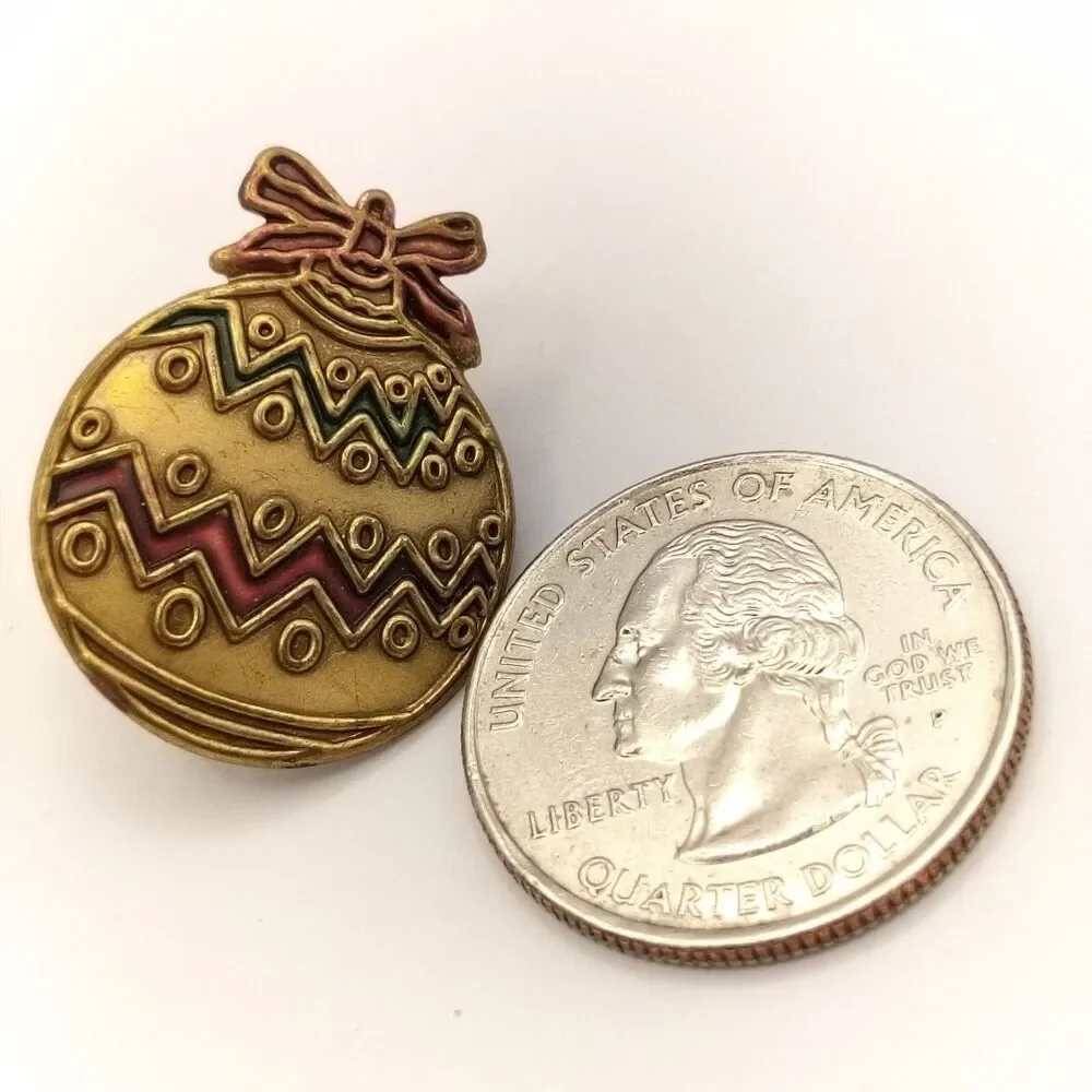 Vintage Christmas Ornament Pin Brooch Gold Red Green Festive Holiday Charm